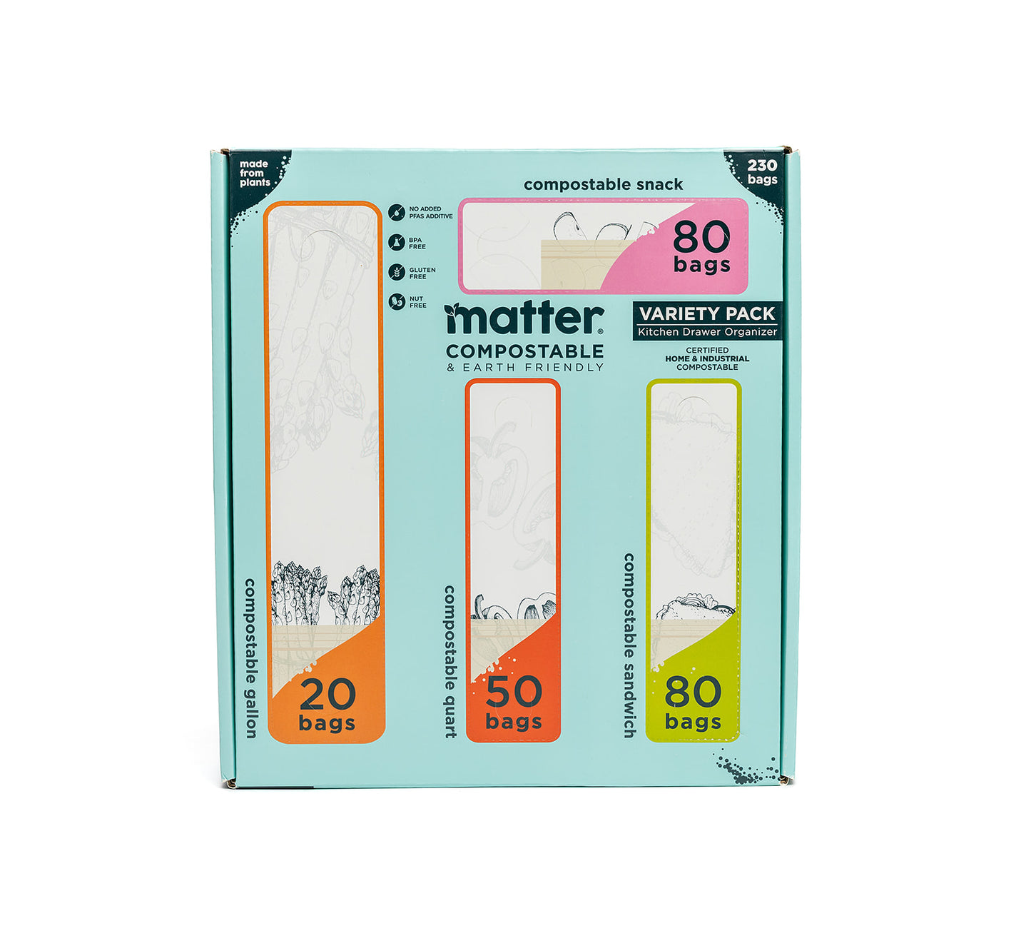 Matter Compostable Kitchen Assorted Food Storage Bags Variety Pack - 230 Count