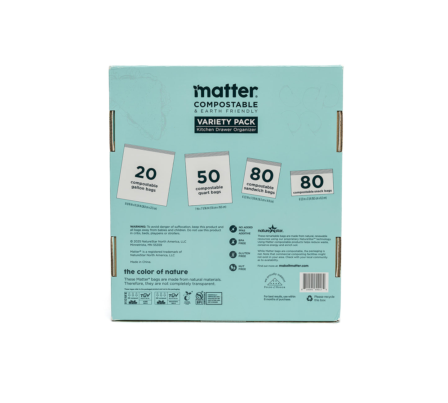 Matter Compostable Kitchen Assorted Food Storage Bags Variety Pack - 230 Count