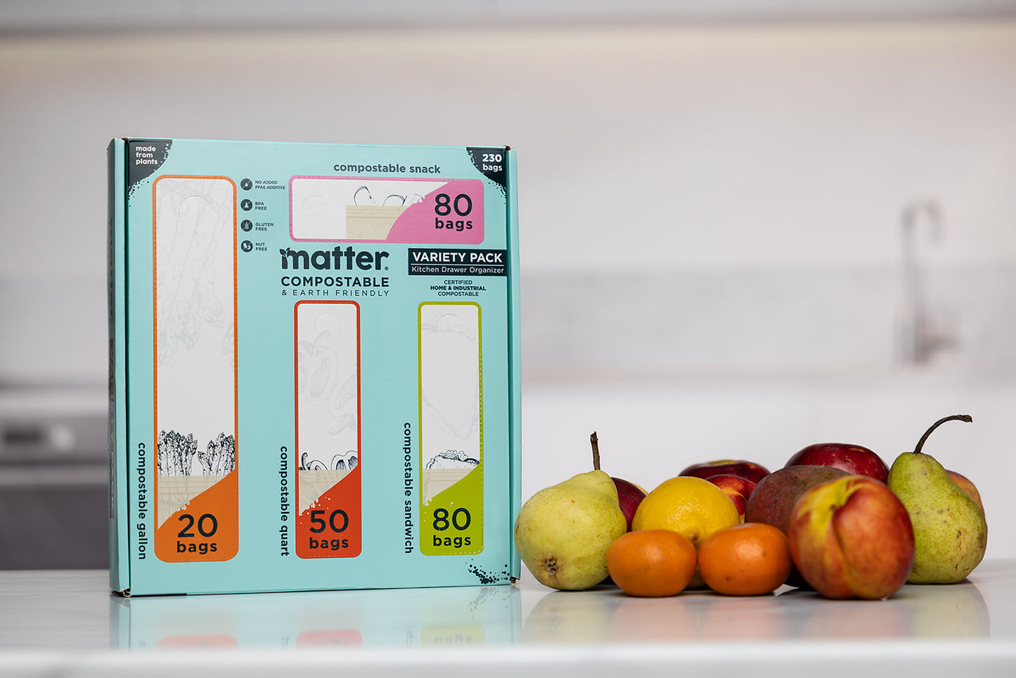 Matter Compostable Kitchen Assorted Food Storage Bags Variety Pack - 230 Count