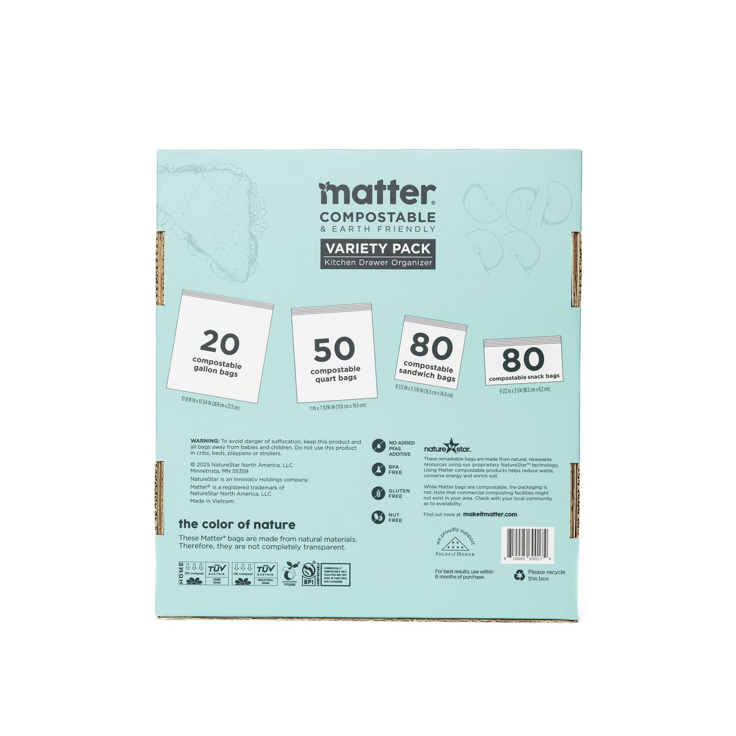 Matter Compostable Kitchen Assorted Food Storage Bags Variety Pack - 230 Count