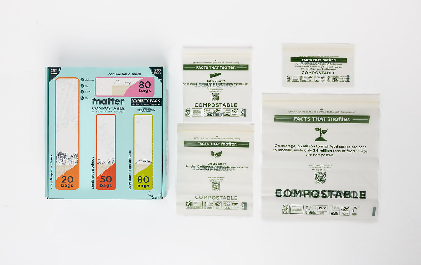 Matter Compostable Kitchen Assorted Food Storage Bags Variety Pack - 230 Count