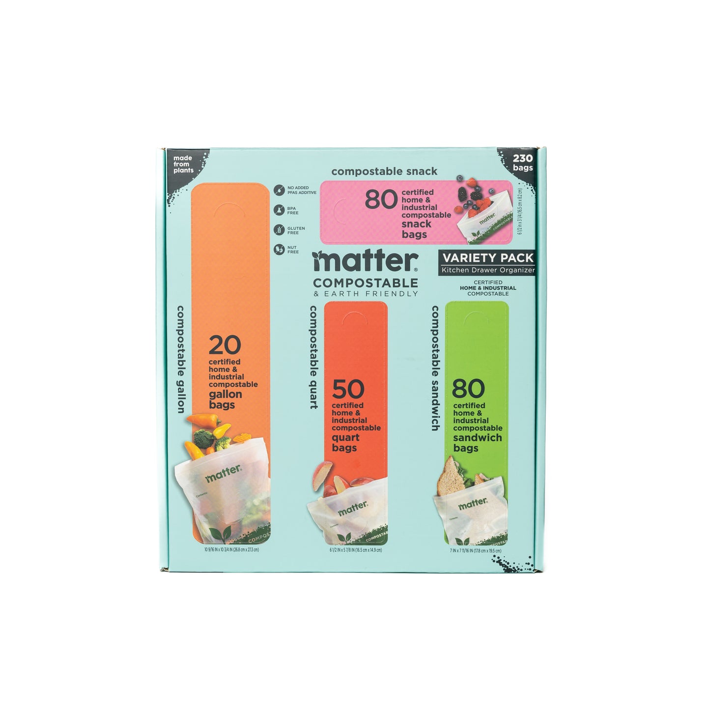Matter Compostable Kitchen Assorted Food Storage Bags Variety Pack - 230 Count