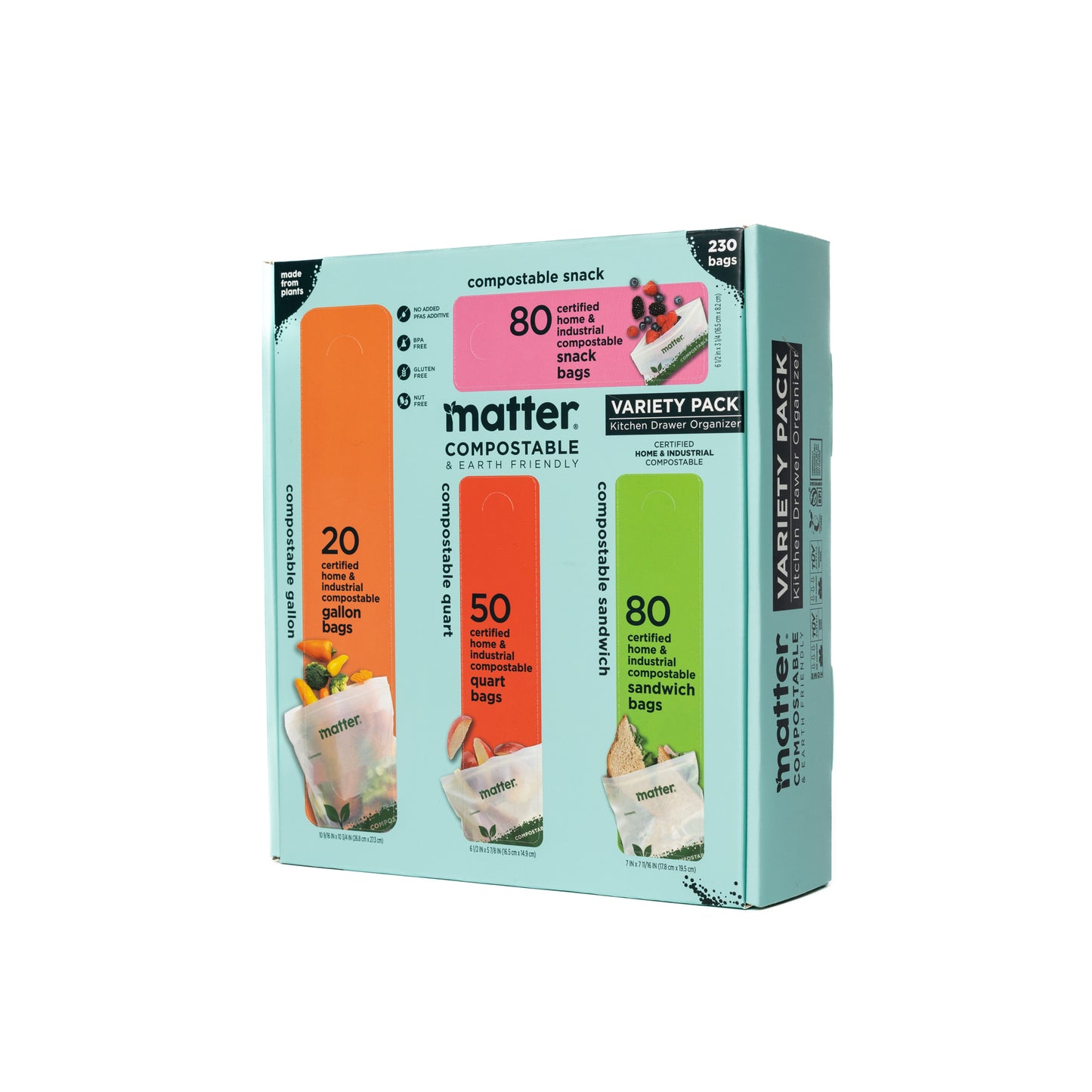 Matter Compostable Kitchen Assorted Food Storage Bags Variety Pack - 230 Count
