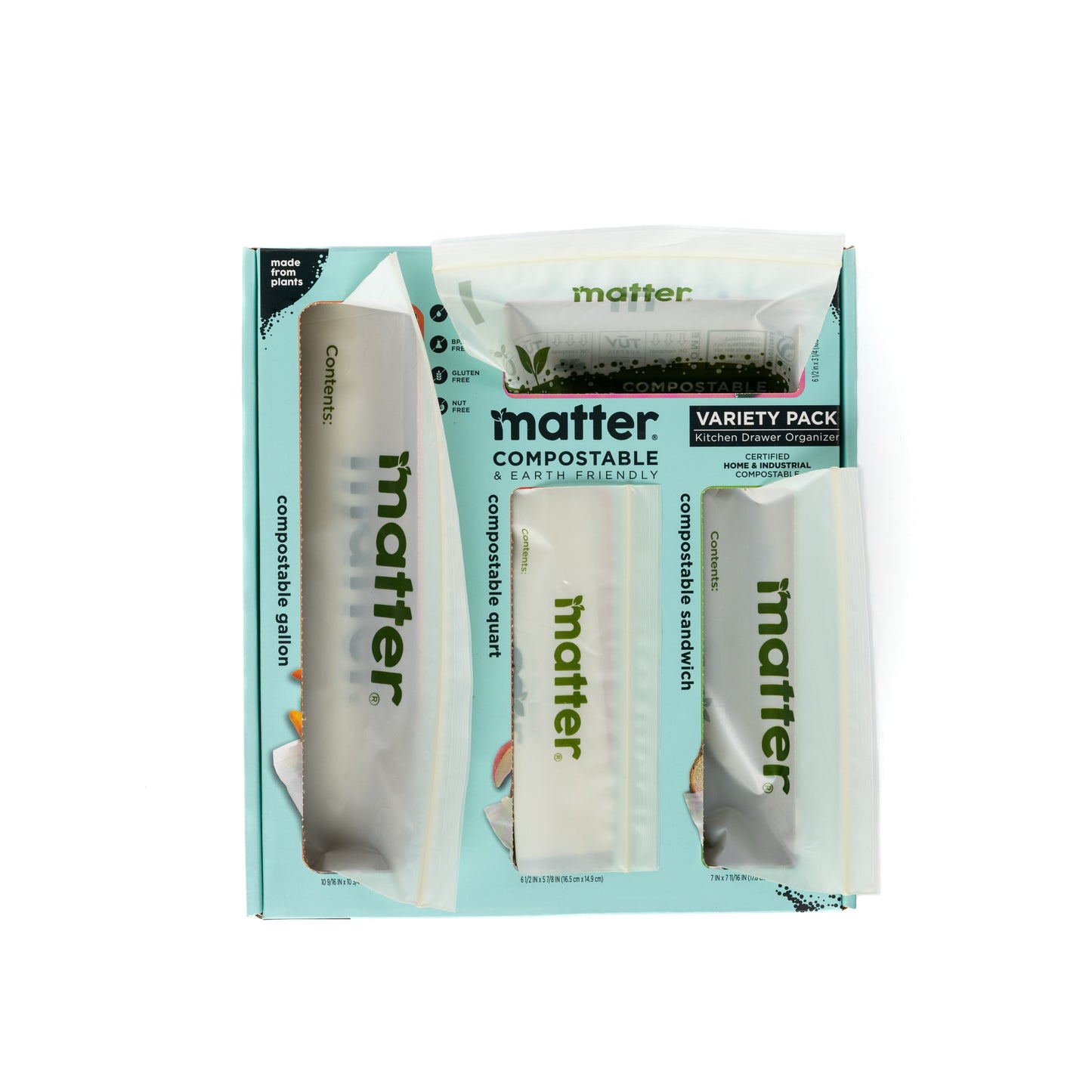 Matter Compostable Kitchen Assorted Food Storage Bags Variety Pack - 230 Count