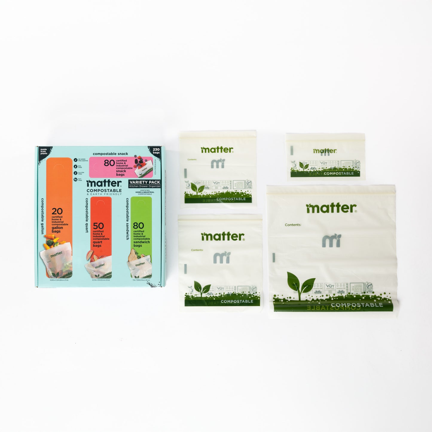 Matter Compostable Kitchen Assorted Food Storage Bags Variety Pack - 230 Count
