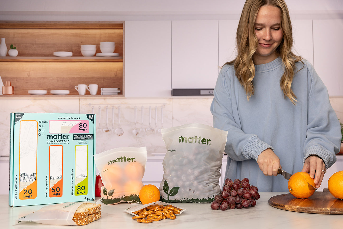 Matter Compostable Kitchen Assorted Food Storage Bags Variety Pack - 230 Count