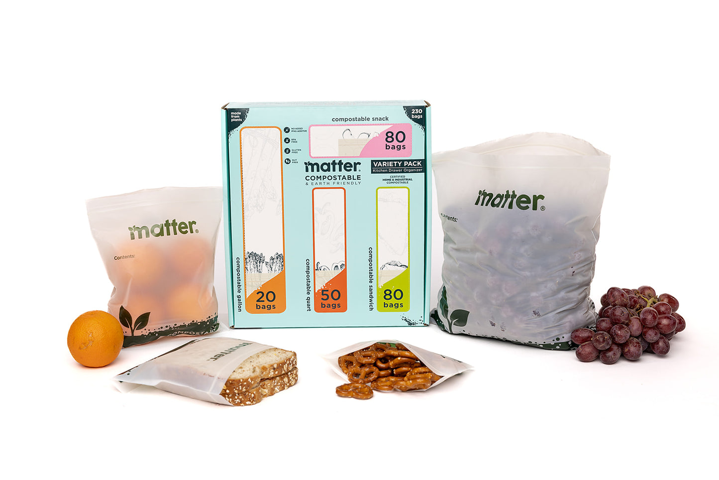 Matter Compostable Kitchen Assorted Food Storage Bags Variety Pack - 230 Count
