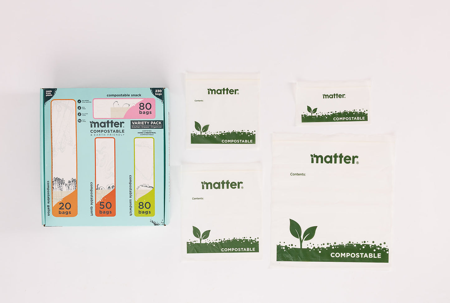 Matter Compostable Kitchen Assorted Food Storage Bags Variety Pack - 230 Count