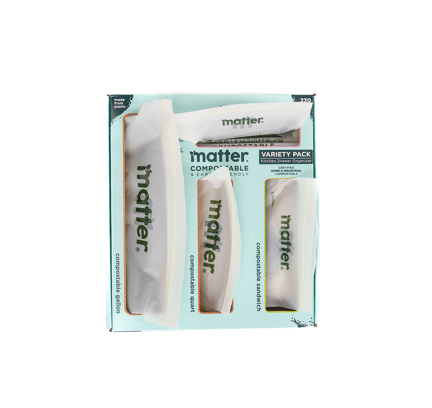 Matter Compostable Kitchen Assorted Food Storage Bags Variety Pack - 230 Count