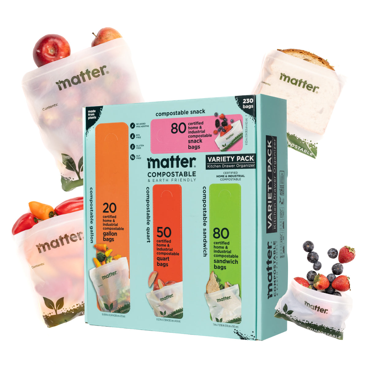 Matter Compostable Kitchen Assorted Food Storage Bags Variety Pack - 230 Count