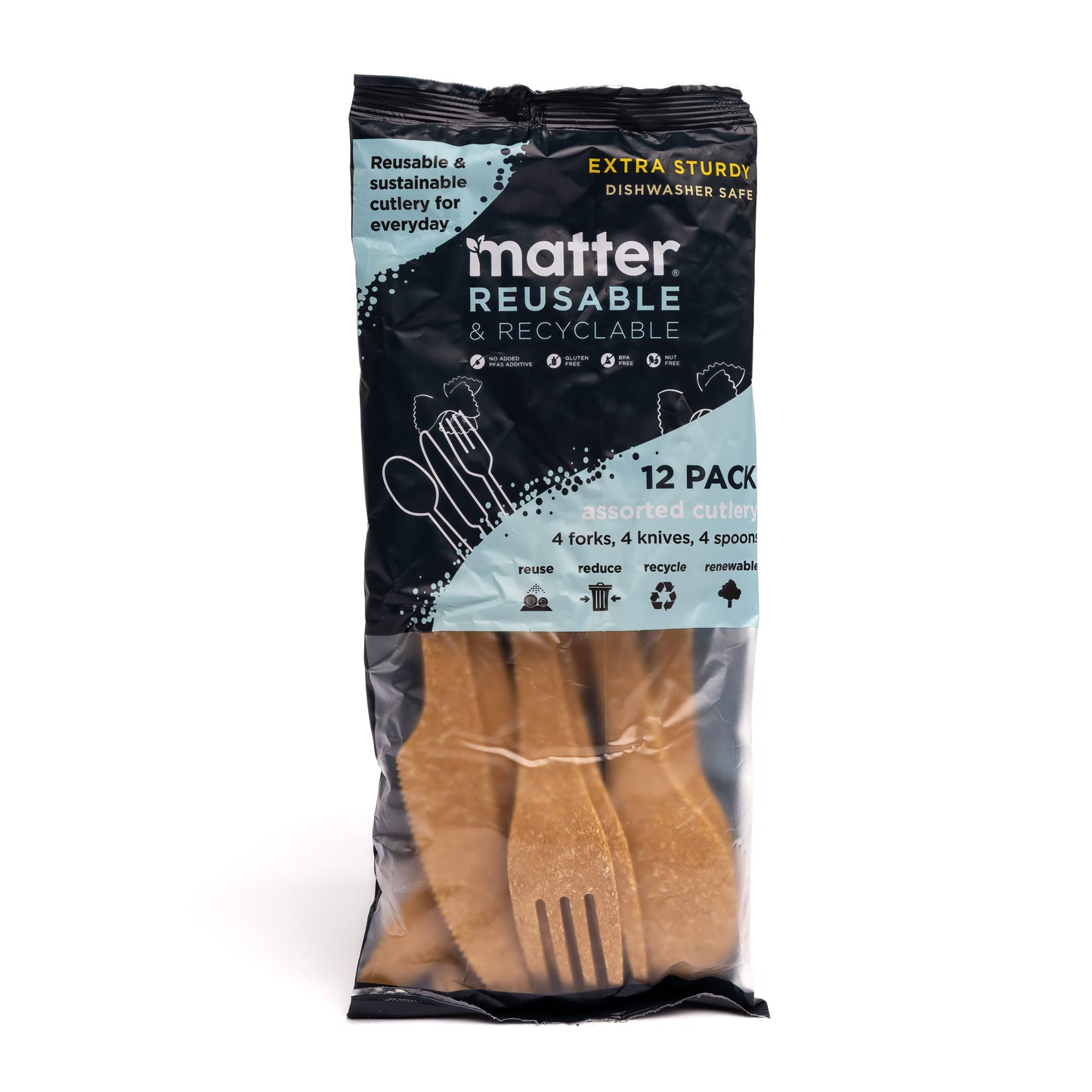 Matter Reusable & Recyclable Cutlery - Assorted Pack 4-Forks/4-Spoons/4-Knives - 12 Count
