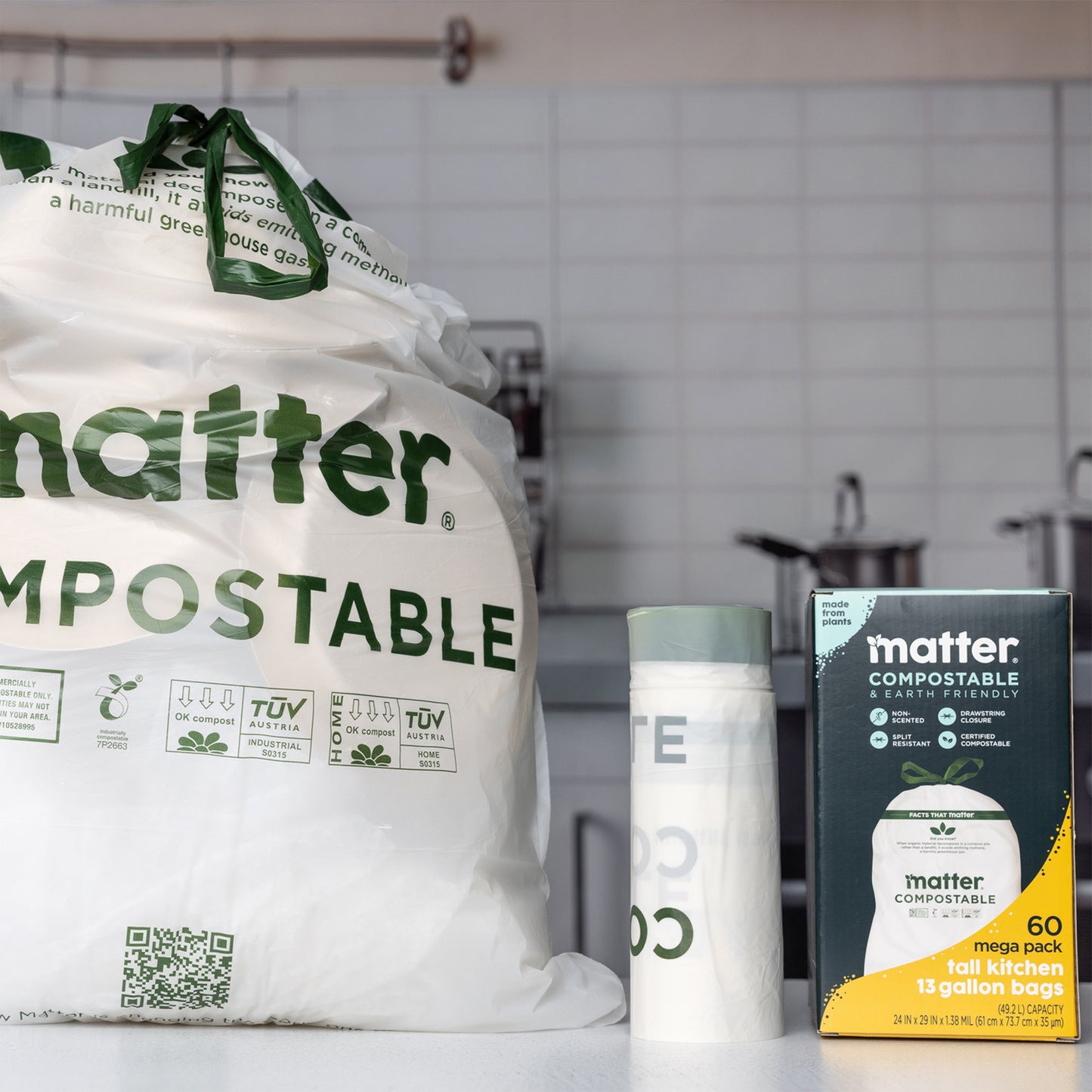 Matter Compostable Tall Kitchen 13-Gallon Waste Bags - 60 Count