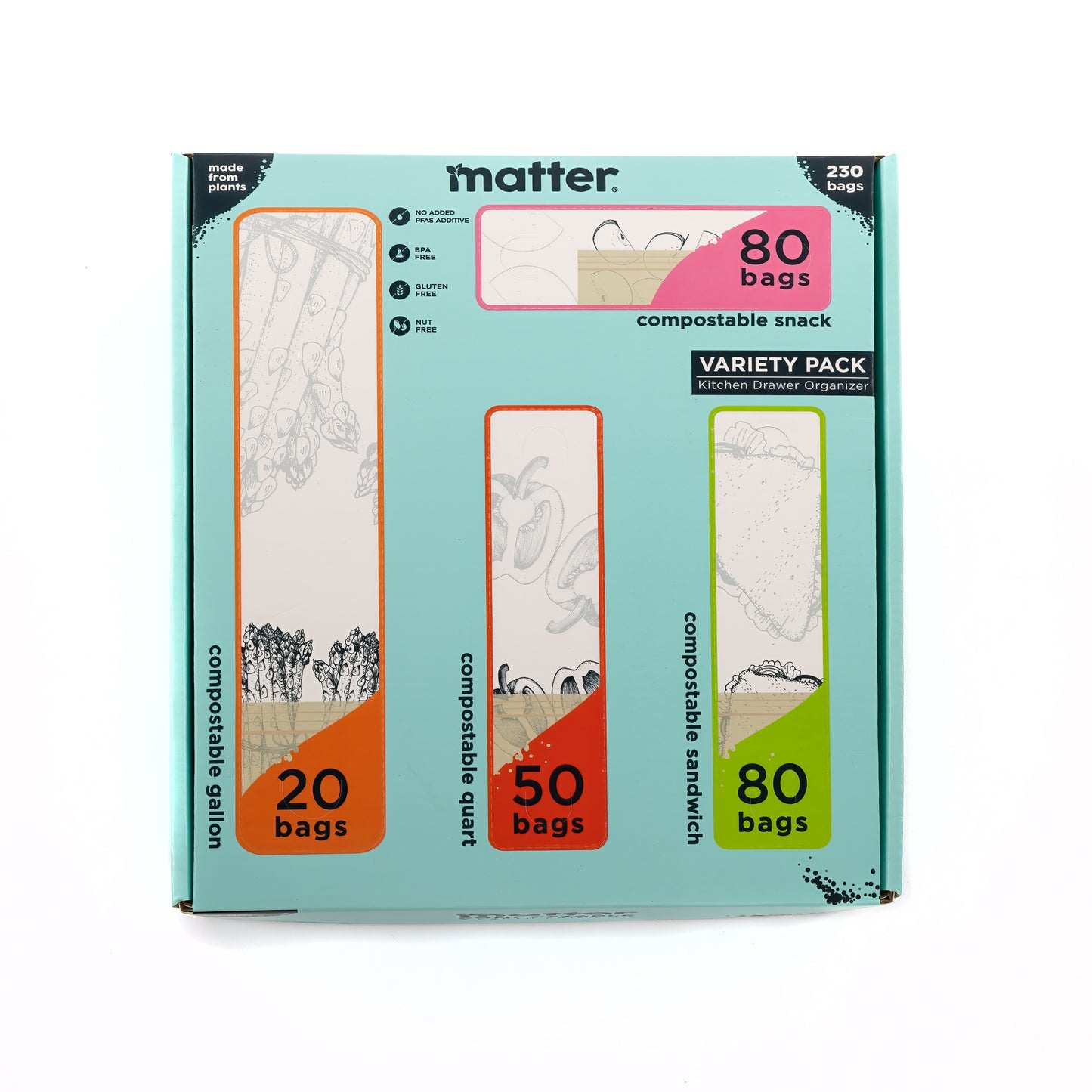 Matter Compostable Kitchen Assorted Food Storage Bags Variety Pack - 230 Count