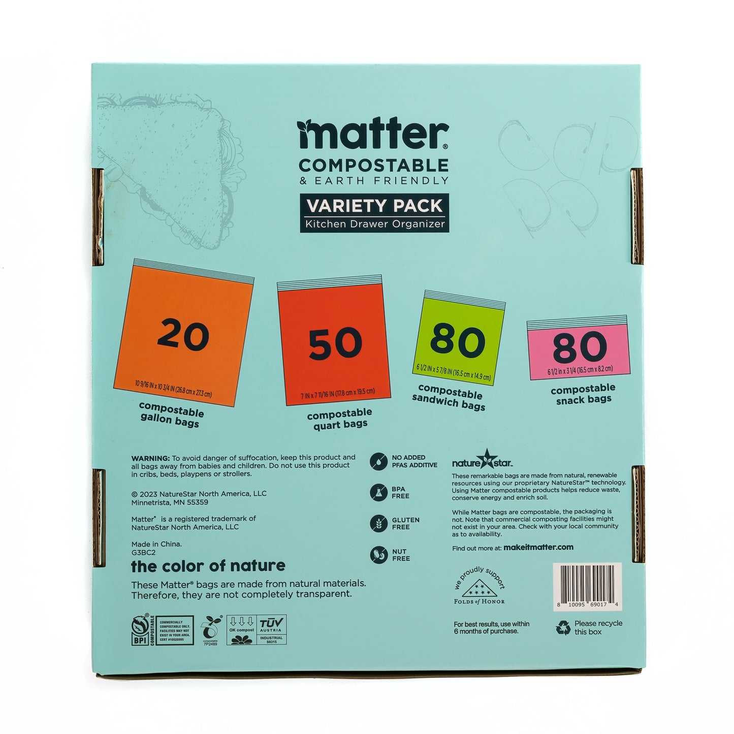 Matter Compostable Kitchen Assorted Food Storage Bags Variety Pack - 230 Count