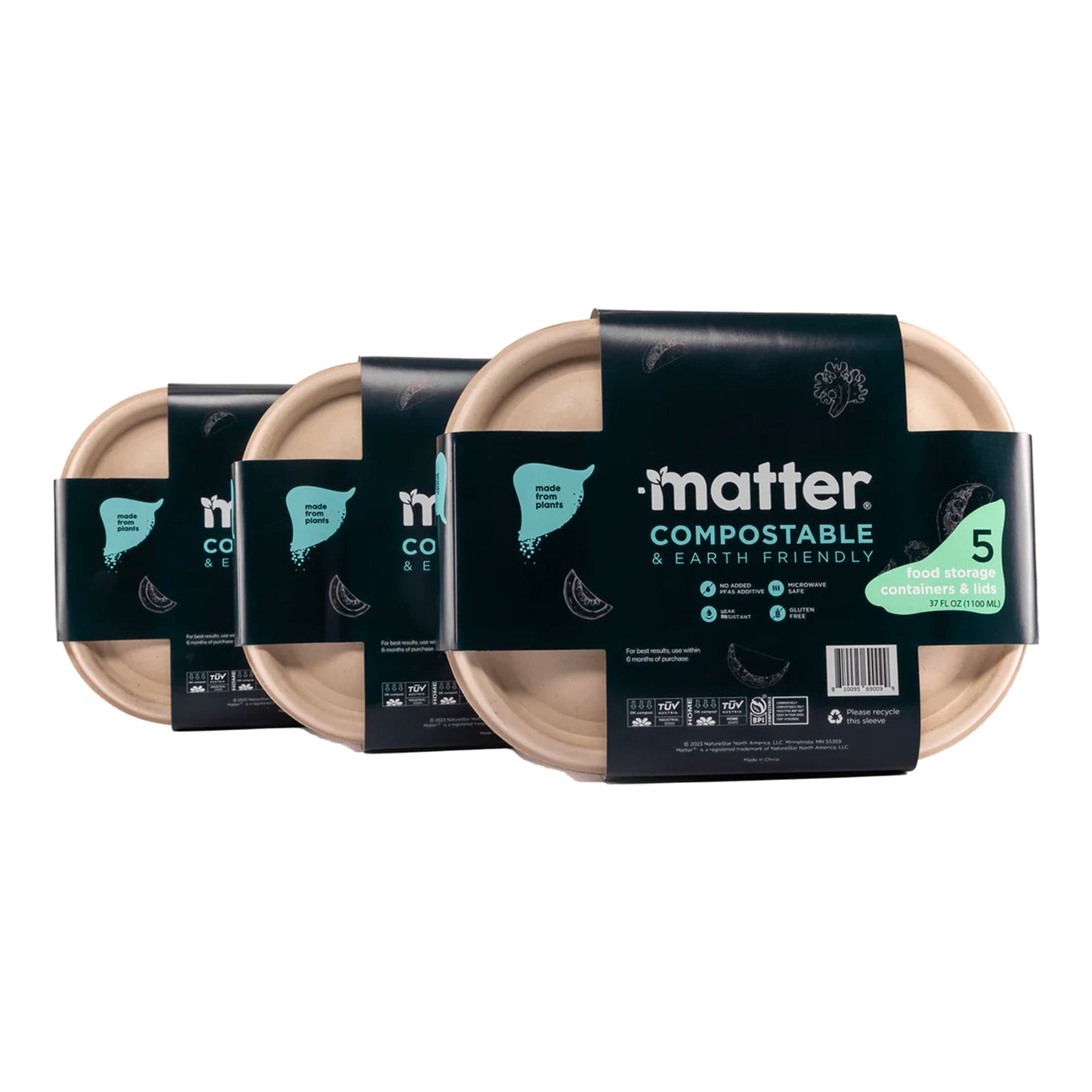 Matter Compostable Food Storage 37oz Containers with Lids - 3 Pack